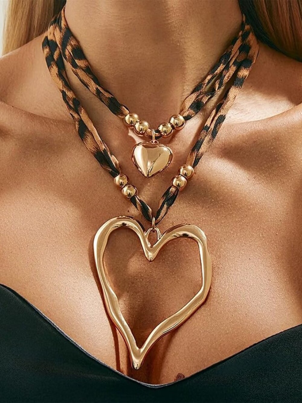 Leopard Print Rope Big Heart Beads Choker Necklace
